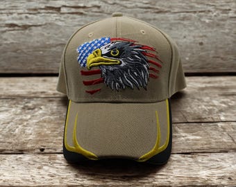 USA Baseballcap in braun mit Adler und Flagge. Bestickter Vaterländischer Hut. Amerikanische Flagge Hut. USA Hut. Freiheitshut. 4.Juli Hut. USA Kappe