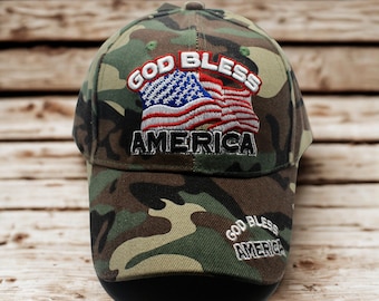 USA Camo Baseball Cap with God Bless America and American Flag – Patriotic Hat. American Flag Hat. USA Hat. USA Eagle Cap. Veteran Day Hat