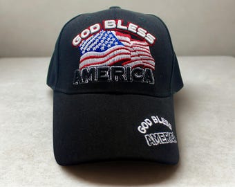 USA Black Baseball Cap with God Bless America and American Flag – Patriotic Hat. American Flag Hat. USA Hat. USA Eagle Cap. Veteran Day Hat