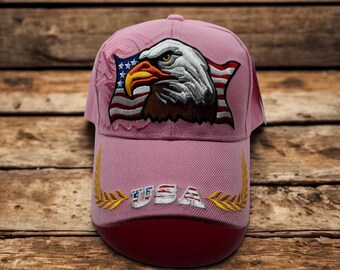 USA Pink Baseball Cap with Eagle and Flag – Embroidered Patriotic Hat. American Flag Hat. USA Hat. American Pride Hat. Bald Eagle Hat