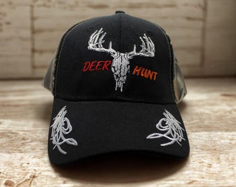 Gorra de caza de ciervos. Gorra de ciervo. Gorra con calavera de ciervo bordada. Gorra de caza de camuflaje negro. Gorra de béisbol ajustable para exteriores. Regalo para cazadores de ciervos.