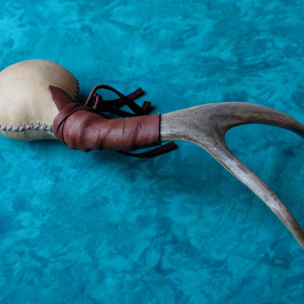 Shamanic Rawhide Rattle with  2 Point Shed Deer Antler Handle and Brown Buckskin