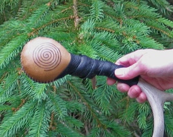 Shamanic Spiral Rawhide Rattle with a 4 Point Deer Antler Handle, and Black Buckskin Wrap