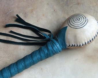 Shamanic Spiral Rawhide Rattle with cedar wood handle