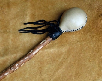 Shamanic Leopard Rattle with Sassafras wood handle and Deer Rawhide