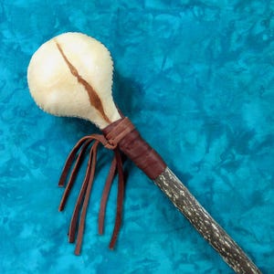 Extra Large Shamanic Thunder Rawhide Rattle with Spotted Wood Handle