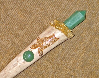 SOLD Elk Antler Wand "Mysterious Night Owl" Aventurine Elk Wand, Citrine Collar