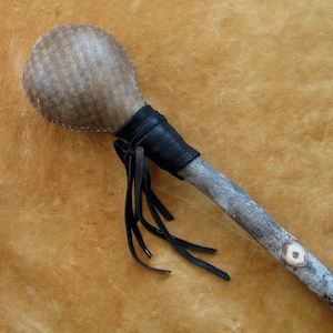 Large Shamanic Rattle with Alder Wood Handle, Two Tone Rawhide and Black Buckskin