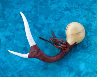 LARGE Shamanic Elk Rawhide Rattle with  2 Point Shed Deer Antler Handle and Brown Buckskin