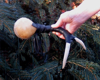 Shamanic Rattle with a Three Point Deer Antler Handle and Buckskin