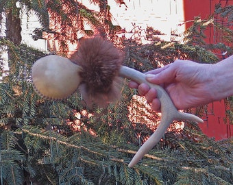 Shamanic Elk Rawhide Rattle with a 3 Point Deer Antler Handle, Fox Fur Collar