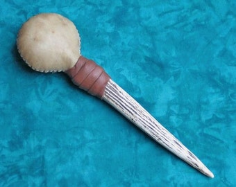 Shamanic Rawhide Rattle with Elk Antler Handle and Buckskin