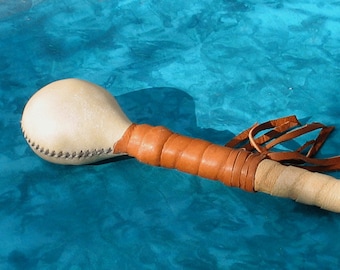 Shamanic Rawhide Rattle with Buckskin Spiral over Maple Wood Handle