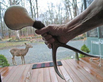 SOLD Rawhide Rattle with Deer Antler Handle and Buckskin Collar