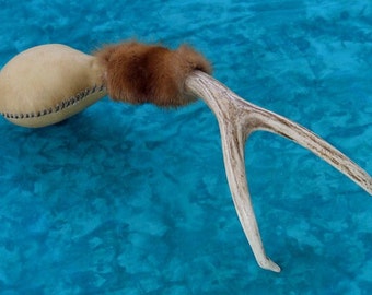 Large Shamanic Rawhide Rattle with  Large 2 Point Shed Deer Antler Handle and Red Fox Fur