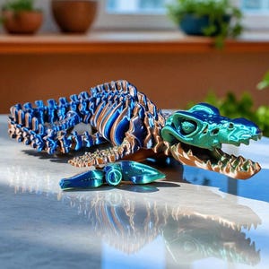 May include: A 3D-printed dinosaur skeleton model in blue, bronze, and teal. The model is lying on a light-coloured surface. The dinosaur has a detailed skeletal structure and a separate, smaller piece.