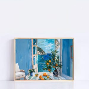May include: A painting of a blue room with a window overlooking a blue sea and a small town. There is a table with oranges and a potted plant with oranges on it.