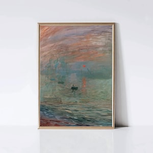 Puede incluir: Una pintura que representa un paisaje marítimo con un cielo brumoso y un sol rojo poniéndose sobre el agua. Se pueden ver varios barcos pequeños en el agua.