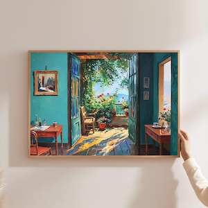 Op de afbeelding: Een schilderij van een kamer met een open deur die leidt naar een patio met uitzicht op een weelderige tuin en een ver landschap. De kamer is geschilderd in een tealblauwe kleur met een klein ingelijst schilderij aan de wall. De patio is gevuld met groene planten en bloemen, en er is een houten stoel en een tafel met een kopje en schotel erop.