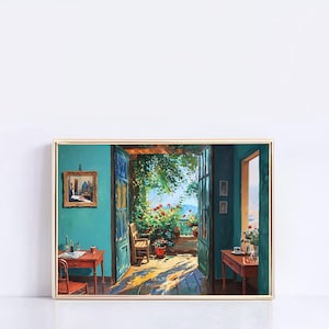 May include: A painting depicting a room with an open door leading to a patio. The patio features lush greenery and a view of the sea. The room is painted in a teal blue colour and includes a wooden table with chairs, a small picture on the wall, and a potted plant on the patio.
