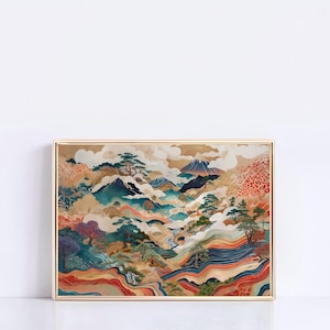 Impressão horizontal ampliada de pastagens japonesas, pôster de arte de parede Japandi, decoração de paisagem minimalista moderna, decoração de parede botânica em tons de terra