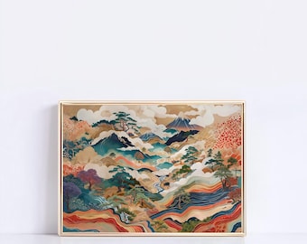 Japanisches Grasland vergrößerter horizontaler Druck, Japandi-Wand-Kunst-Plakat, modernes minimalistisches Landschaftsdekor, erdfarbenes botanisches Wanddekor