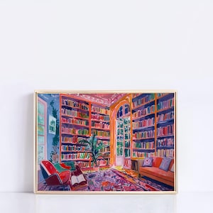 K&ouml;nnte beinhalten: Ein Gem&auml;lde eines Raumes mit einem gro&szlig;en B&uuml;cherregal, das mit bunten B&uuml;chern gef&uuml;llt ist. Der Raum hat ein gro&szlig;es Fenster mit Blick auf einen Garten. Es gibt zwei St&uuml;hle und einen Teppich auf dem Boden.