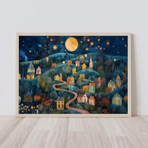 Pode incluir: Uma pintura em aquarela de uma pequena aldeia aninhada em uma floresta &agrave; noite. A aldeia &eacute; iluminada pelo brilho da lua e das estrelas. As casas s&atilde;o pintadas em cores brilhantes e as &aacute;rvores s&atilde;o de um verde profundo. A pintura tem um toque caprichoso e m&aacute;gico.