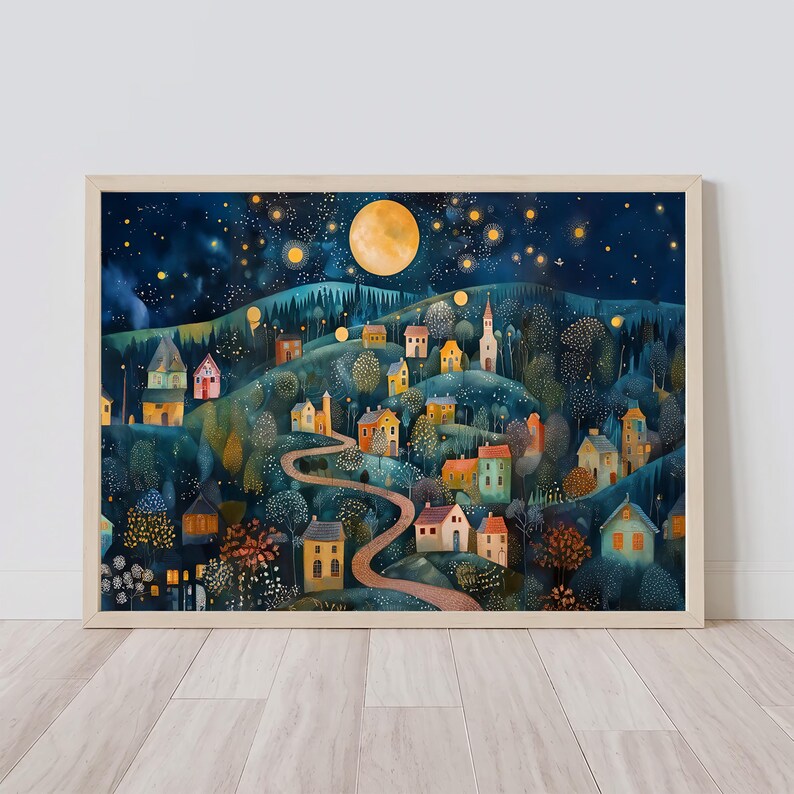 Pode incluir: Uma pintura em aquarela de uma pequena aldeia aninhada em uma floresta &agrave; noite. A aldeia &eacute; iluminada pelo brilho da lua e das estrelas. As casas s&atilde;o pintadas em cores brilhantes e as &aacute;rvores s&atilde;o de um verde profundo. A pintura tem um toque caprichoso e m&aacute;gico.