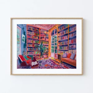 K&ouml;nnte beinhalten: Ein Gem&auml;lde, das einen Raum mit einem gro&szlig;en B&uuml;cherregal voller B&uuml;cher zeigt. Der Raum hat einen roten Sessel, eine Couch und einen Teppich. Die W&auml;nde sind in einem hellen Blau gestrichen. Das B&uuml;cherregal ist in einem leuchtenden Orange gestrichen. Der Raum ist mit nat&uuml;rlichem Licht gef&uuml;llt.