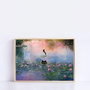 Monet inspirierte Katze erweiterter Druck, große Seerose horizontale Wandkunst, Katze im Teich Malerei Wohnkultur, einzigartiges Wohnzimmer Kunst Geschenk