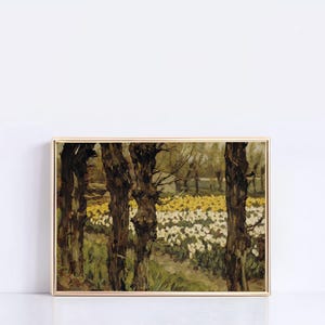 印象派風風景画 春の花畑 木の幹 黄色と白の花 質感のある油絵 横長アート