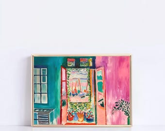 Puede incluir: Una pintura de una habitación con una ventana abierta que da a una escena de puerto. La habitación está pintada en tonos de verde azulado y rosa. La ventana está enmarcada en rojo y ofrece una vista de barcos en el agua. Hay plantas en macetas en el alféizar de la ventana.