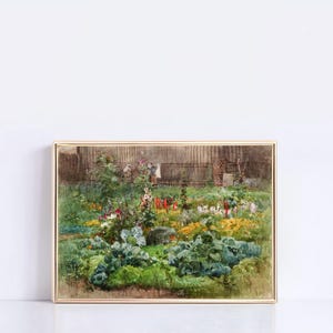 May include: A framed watercolor painting of a garden scene. The artwork depicts a lush garden with various flowers, vegetables, and a wooden fence in the background. The color palette includes greens, yellows, reds, and blues, creating a vibrant and detailed landscape.