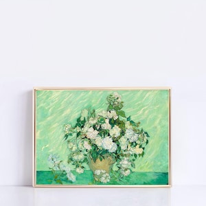 Póster de rosas de Van Gogh: impresión floral vintage, bodegón con urna de estética verde, pintura decorativa botánica para pared resistente a la decoloración.