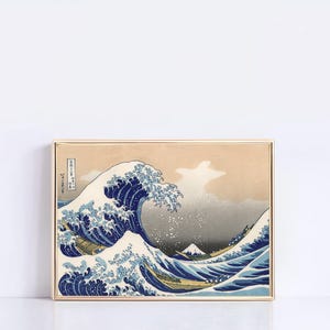 Panoramic Great Wave Wall Art, Wide Hokusai Print, Blue Japandi Decor, Large Japanese Ocean Landscape for Above Sofa, Coastal Art