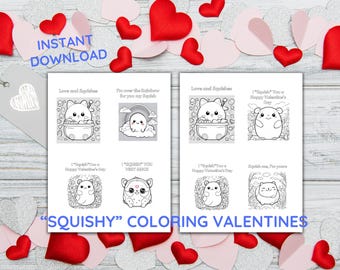 Printable adorable “squishy" coloring DIY valentine cards