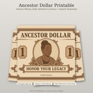 Peut inclure: Impression d'art imprimable "Ancestor Dollar" de couleur beige, avec un portrait de femme, le chiffre "11" et le texte "Honor Your Legacy". Le design comprend des bordures décoratives et le texte "Ancestor Dollar Printable".