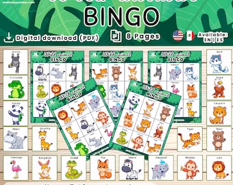Wild Animal Bingo for Kids | 5 Boards + 18 Animal Cards | English & Spanish PDF