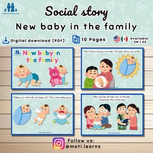 Può includere: Una storia sociale scaricabile digitalmente intitolata "Nuovo bambino in famiglia". La copertina presenta illustrazioni di un bambino e un orsacchiotto. La storia comprende 10 pagine con illustrazioni colorate.