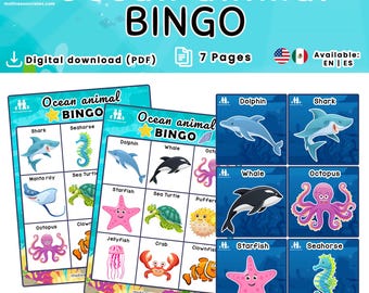 Ocean Animal Bingo Game: Bilingual English/Spanish (PDF Printable)