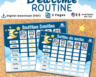 May include: Two blue printable bedtime routine charts with illustrations of a moon, toothbrush, toilet, bath, pajamas, and bed. The charts have spaces for each day of the week and the text "Bedtime Routine" and "Rutina de noche". The charts are digital downloads.