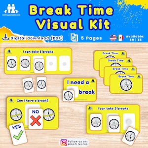 May include: A digital download Break Time Visual Kit consisting of five pages of yellow cards with clock icons, text prompts like I can take 5 breaks, I need a break, and Can I have a break, plus Yes and No cards with checkmarks and X symbols.