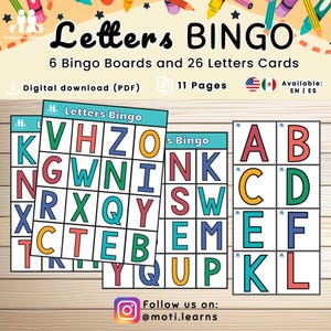 May include: A digital download of a "Letters Bingo" game with 6 bingo boards and 26 letter cards. The bingo cards feature colorful letters in a grid format. The text "Letters Bingo" is at the top. The download is available in English and Spanish.