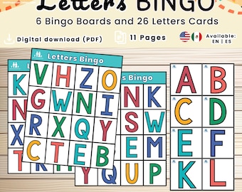 May include: A digital download of a "Letters Bingo" game with 6 bingo boards and 26 letter cards. The bingo cards feature colorful letters in a grid format. The text "Letters Bingo" is at the top. The download is available in English and Spanish.