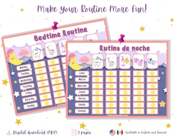 May include: Two printable charts for a bedtime routine, one in English and one in Spanish. The charts feature a moon, stars, and a tooth brushing icon. The English chart lists days of the week, Monday through Sunday. The Spanish chart lists days of the week, Lunes through Domingo.