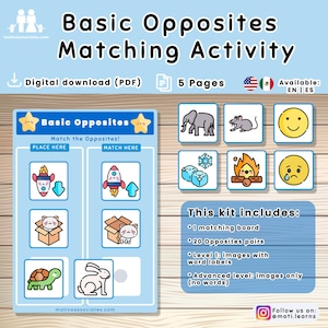 Pode incluir: Uma atividade de download digital azul para crianças, intitulada "Basic Opposites Matching Activity". O kit inclui um quadro de correspondência, 20 pares de opostos e dois níveis: imagens com palavras e apenas imagens. Com ilustrações de desenhos animados.