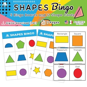 Puede incluir: Un juego de "SHAPES Bingo" colorido, con 5 tableros de bingo y 12 tarjetas de formas. Las tarjetas muestran varias formas como rectángulos, cuadrados y triángulos en colores vibrantes. El texto indica una descarga digital de 7 páginas.