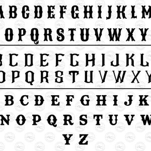 Peut inclure: Un ensemble d'alphabet noir décoratif dans une police de style occidental. Les lettres A à Z sont affichées en trois rangées, chaque lettre ayant un design stylisé unique. La police convient à divers projets de conception.
