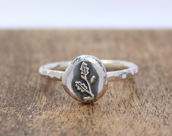 Oak Leaf Ring, Silver Oak Leaf Ring, Oak Leaf and Acorn Ring, Silver Stacking Ring